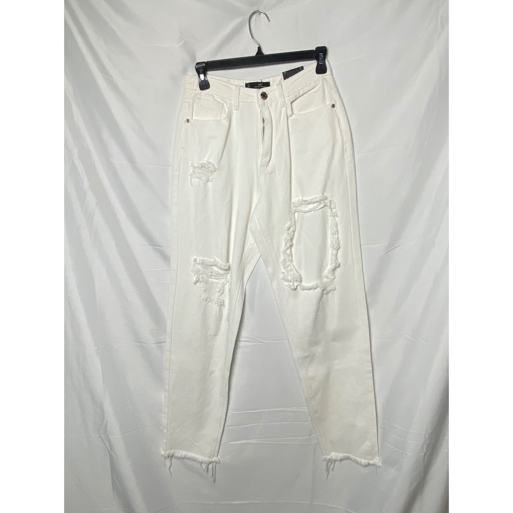 Missguided Riot High Rise Mom Jeans White Distressed Frayed Hem‎ Size US 6